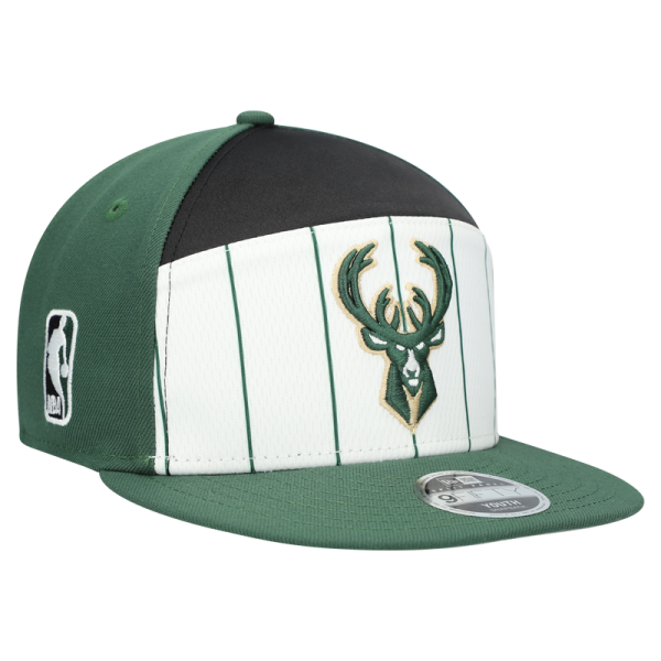 Подростковая Milwaukee Bucks New Era White/Hunter Green 2025 NBA Tip Off Split Panel 9FIFTY Snapback Hat