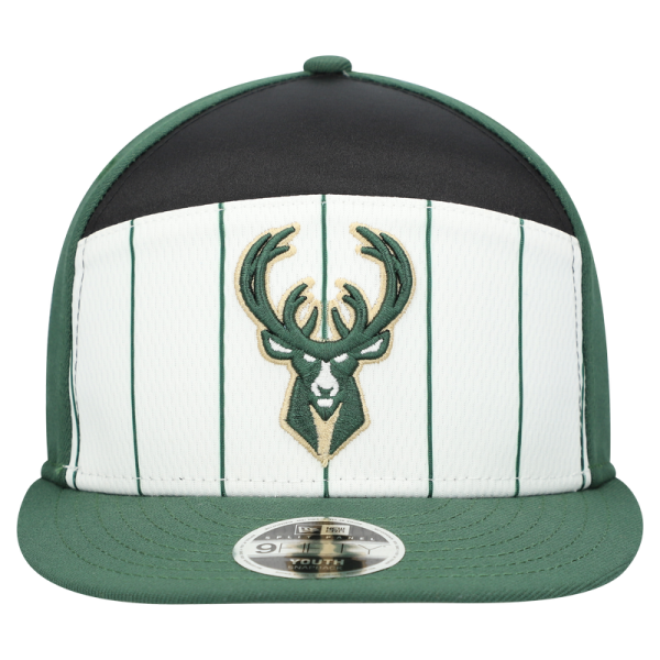 Подростковая Milwaukee Bucks New Era White/Hunter Green 2025 NBA Tip Off Split Panel 9FIFTY Snapback Hat