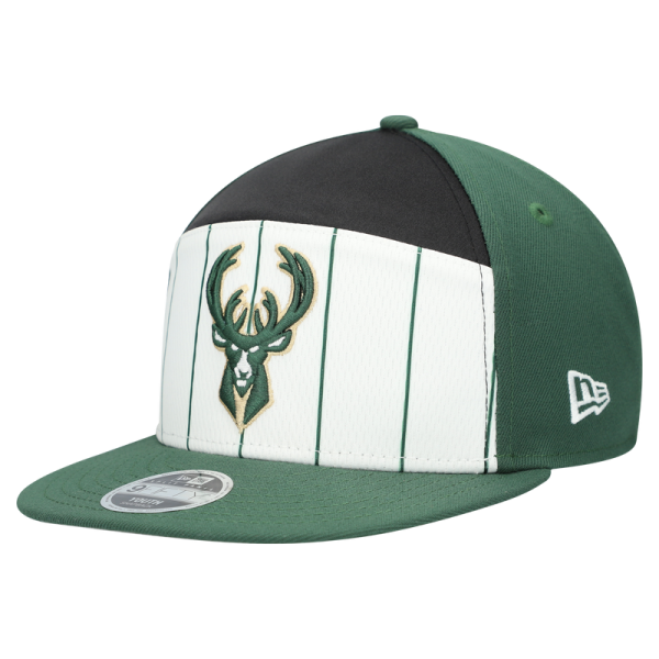 Подростковая Milwaukee Bucks New Era White/Hunter Green 2025 NBA Tip Off Split Panel 9FIFTY Snapback Hat