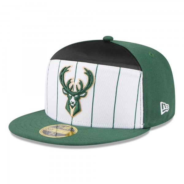 Бейсболка Milwaukee Bucks New Era White/Hunter Green 2025 NBA Tip Off Split Panel 59FIFTY