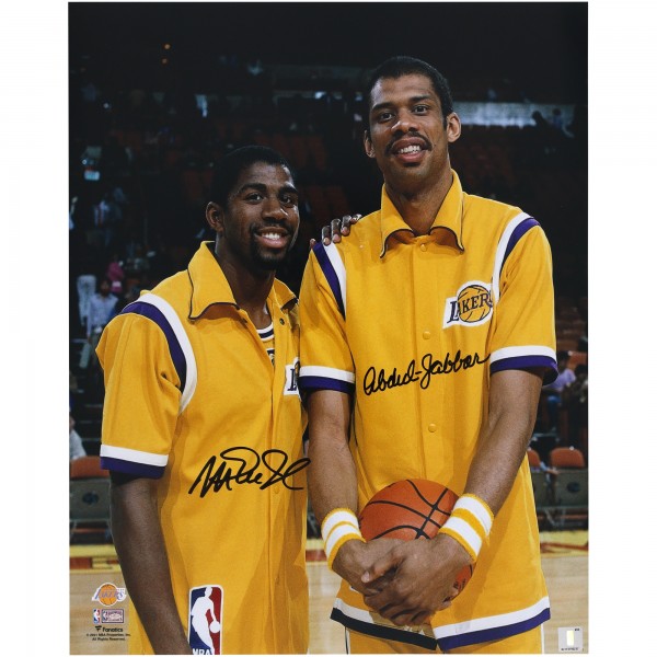 Magic Johnson & Kareem Abdul-Jabbar Los Angeles Lakers Autographed Fanatics Authentic 16 x 20 Warm-ups Photograph