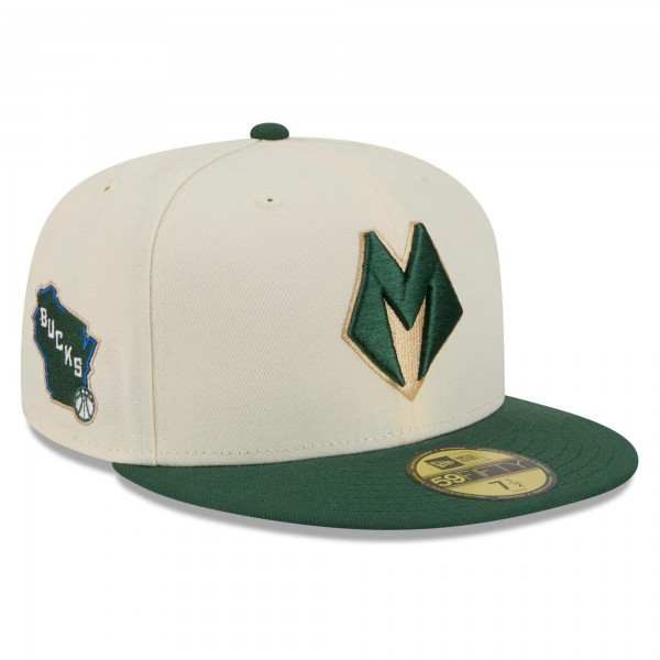Бейсболка Milwaukee Bucks New Era 2025/26 City Edition 59FIFTY - Cream/Hunter Green