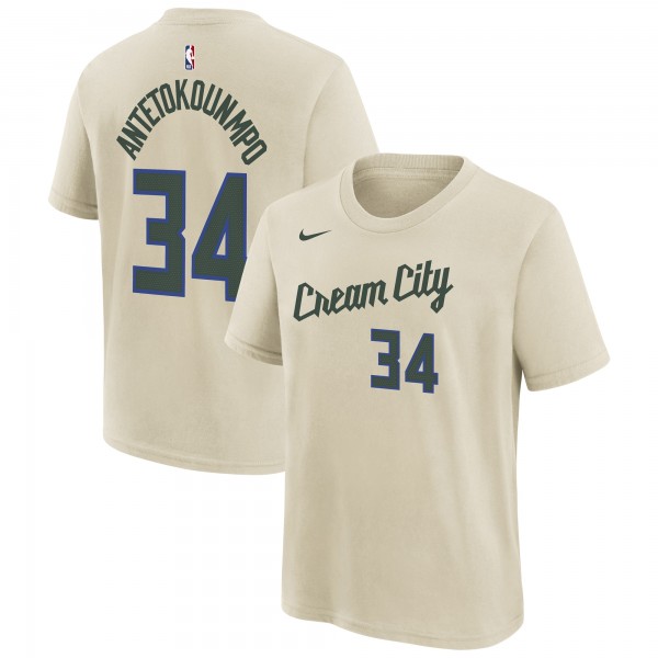 Подростковая Milwaukee Bucks Giannis Antetokounmpo Nike Cream 2025/26 City Edition Name & Number T-Shirt