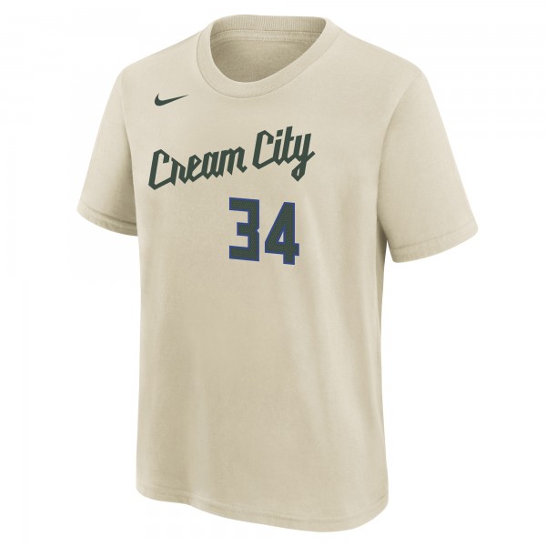 Подростковая Milwaukee Bucks Giannis Antetokounmpo Nike Cream 2025/26 City Edition Name & Number T-Shirt