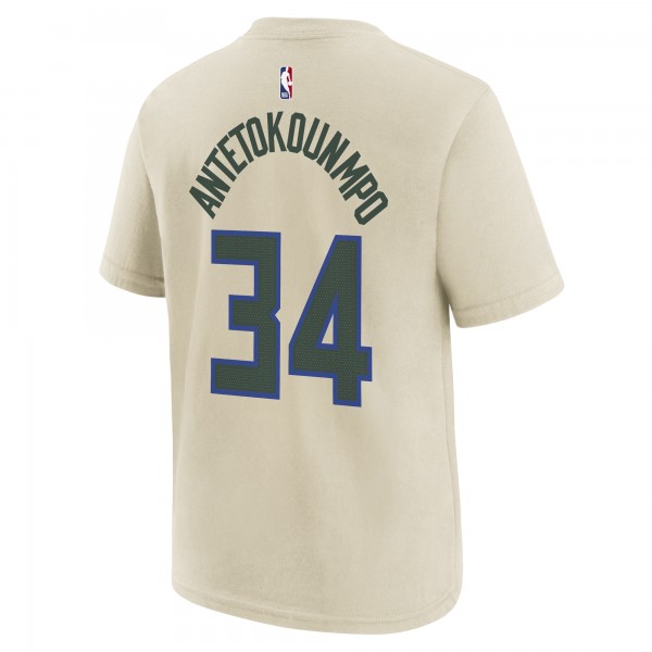 Подростковая Milwaukee Bucks Giannis Antetokounmpo Nike Cream 2025/26 City Edition Name & Number T-Shirt