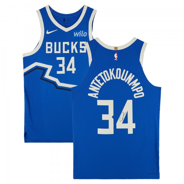Giannis Antetokounmpo Milwaukee Bucks Autographed Fanatics Authentic Nike 2024-25 Blue City Edition Authentic Jersey