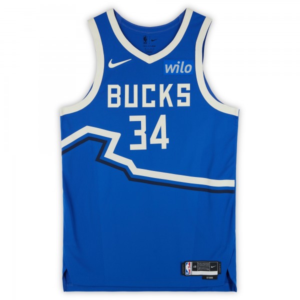 Giannis Antetokounmpo Milwaukee Bucks Autographed Fanatics Authentic Nike 2024-25 Blue City Edition Authentic Jersey