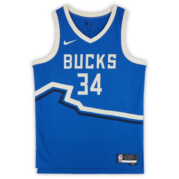 Giannis Antetokounmpo Milwaukee Bucks Autographed Fanatics Authentic Nike 2024-25 Blue City Edition Swingman Jersey