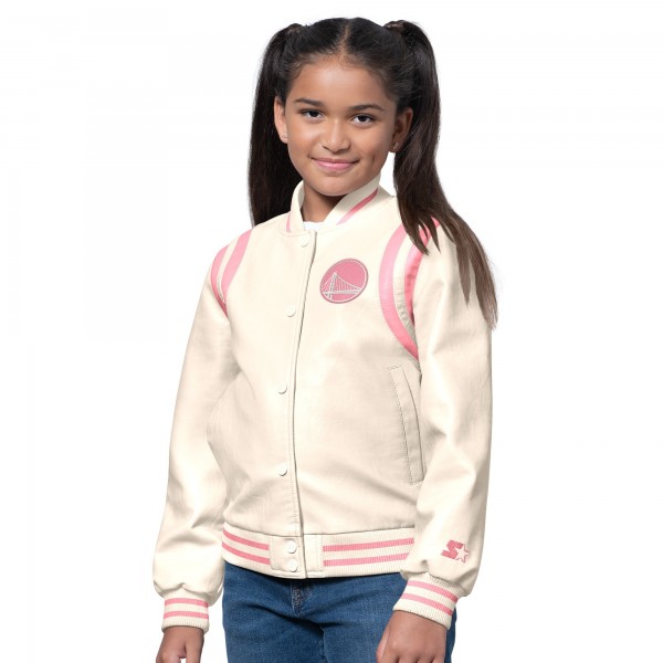 Girls Golden State Warriors Starter Cream/Pink Underdog Leather Varsity Jacket