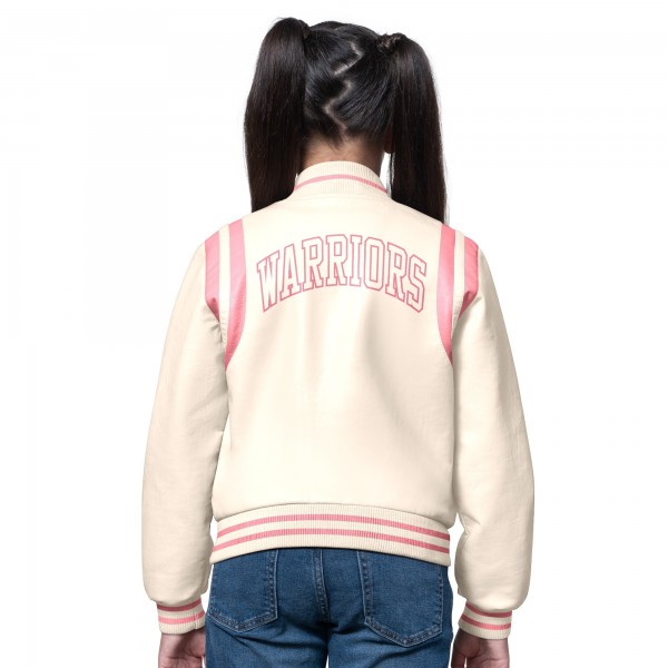 Girls Golden State Warriors Starter Cream/Pink Underdog Leather Varsity Jacket