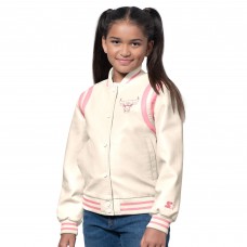 Girls Chicago Bulls Starter Cream/Pink Underdog Leather Full-Snap Varsity Jacket