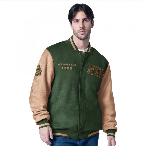 New York Knicks G-III Sports by Carl Banks Olive Infielder Faux Suede Full-Zip Varsity Jacket