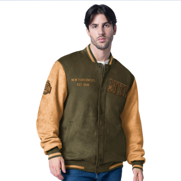 Куртка New York Knicks G-III Sports by Carl Banks Olive Infielder Faux Suede Full-Zip Varsity