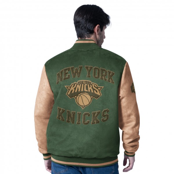 New York Knicks G-III Sports by Carl Banks Olive Infielder Faux Suede Full-Zip Varsity Jacket