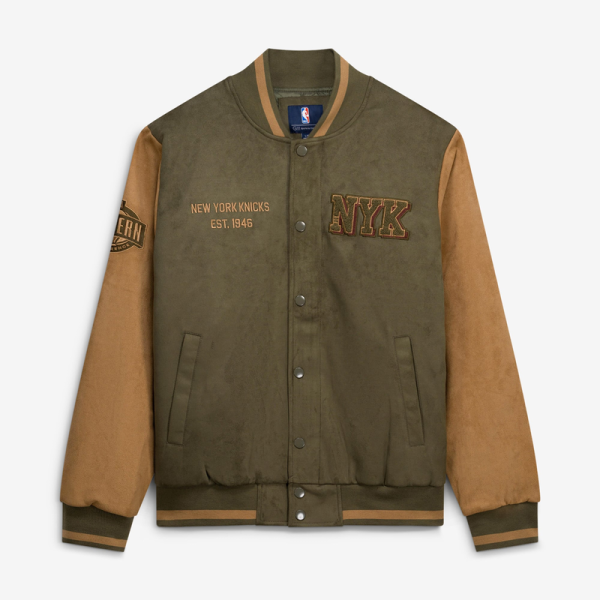 Куртка New York Knicks G-III Sports by Carl Banks Olive Infielder Faux Suede Full-Zip Varsity