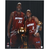 Shaquille ONeal & Dwyane Wade Miami Heat Autographed Fanatics Authentic 16 x 20 Holding NBA Finals Trophies Photograph
