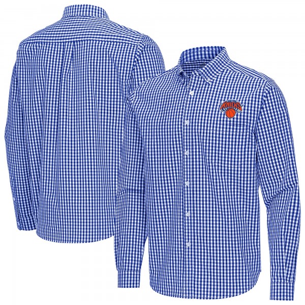 New York Knicks Antigua Blue Ellis Woven Tri-Blend Button-Down Shirt