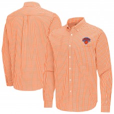 New York Knicks Antigua Orange Ellis Woven Tri-Blend Button-Down Shirt