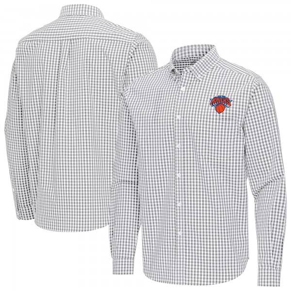 New York Knicks Antigua Gray Ellis Woven Tri-Blend Button-Down Shirt