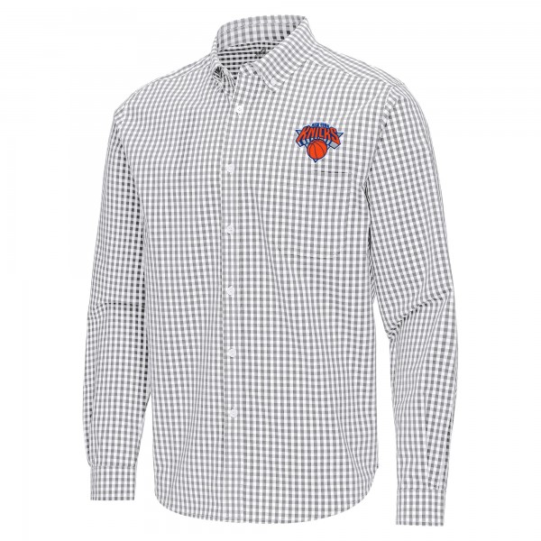 New York Knicks Antigua Gray Ellis Woven Tri-Blend Button-Down Shirt