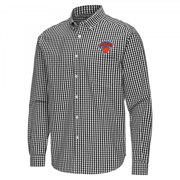 New York Knicks Antigua Black Ellis Woven Tri-Blend Button-Down Shirt