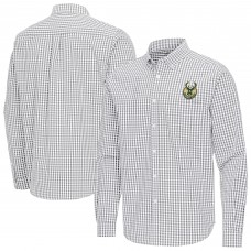 Milwaukee Bucks Antigua Gray Ellis Woven Tri-Blend Button-Down Shirt