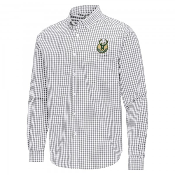 Milwaukee Bucks Antigua Gray Ellis Woven Tri-Blend Button-Down Shirt