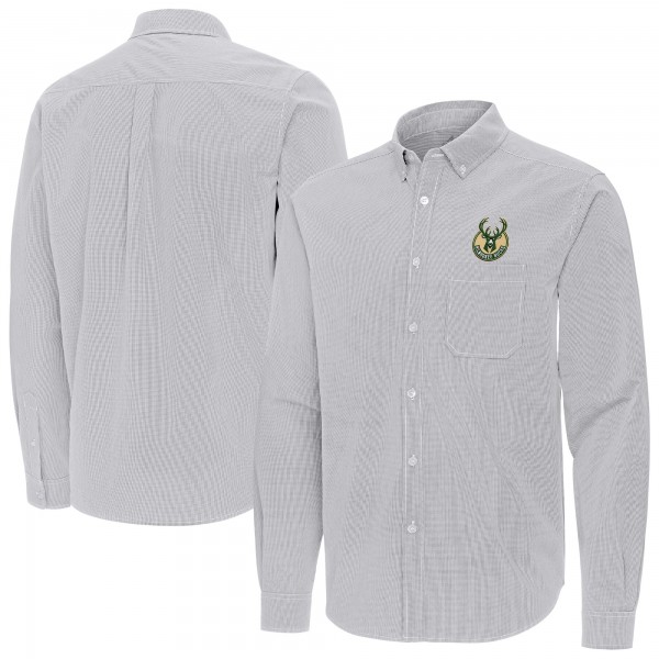 Milwaukee Bucks Antigua Gray Porter Woven Long Sleeve Button-Down Shirt