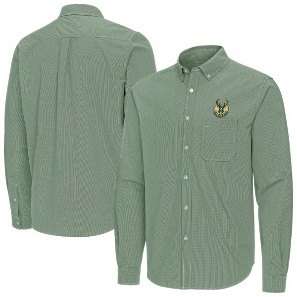 Milwaukee Bucks Antigua Hunter Green Porter Woven Long Sleeve Button-Down Shirt