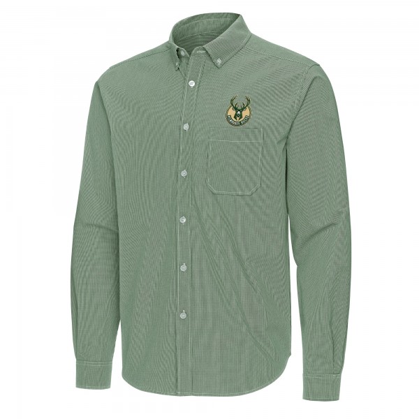 Milwaukee Bucks Antigua Hunter Green Porter Woven Long Sleeve Button-Down Shirt