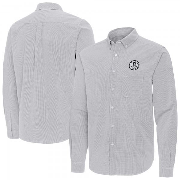 Brooklyn Nets Antigua Gray Porter Woven Long Sleeve Button-Down Shirt
