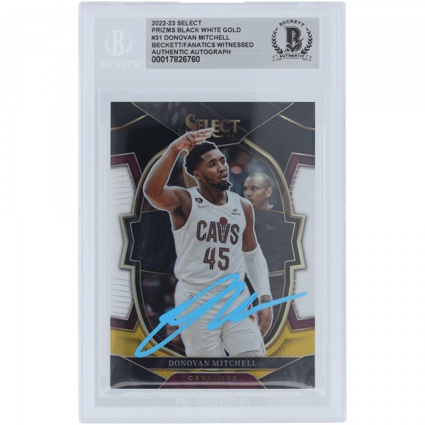 Donovan Mitchell Cleveland Cavaliers Autographed 2022-23 Panini Select Black White & Gold Prizm Light Blue Ink #31 #1/1 Beckett Fanatics Witnessed Authenticated Card
