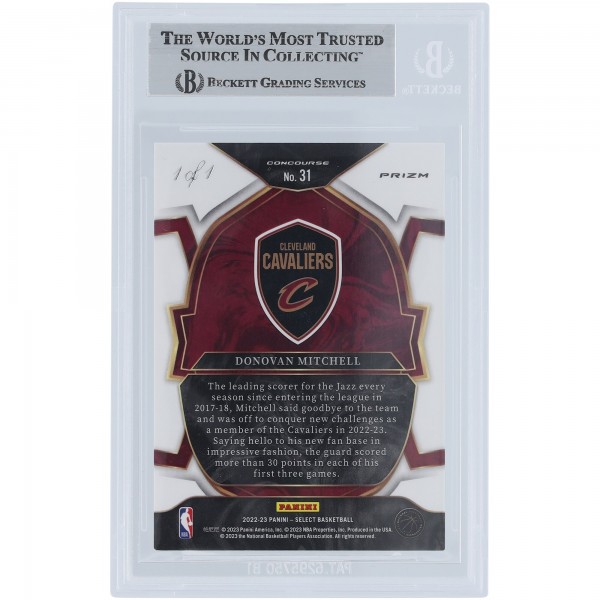 Donovan Mitchell Cleveland Cavaliers Autographed 2022-23 Panini Select Black White & Gold Prizm Light Blue Ink #31 #1/1 Beckett Fanatics Witnessed Authenticated Card