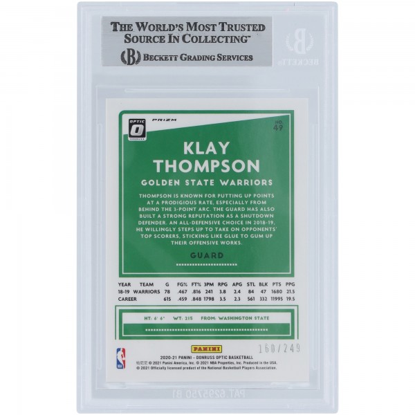 Klay Thompson Golden State Warriors Autographed 2020-21 Panini Donruss Optic Premium Box Set #49 Beckett Fanatics Witnessed Authenticated Card
