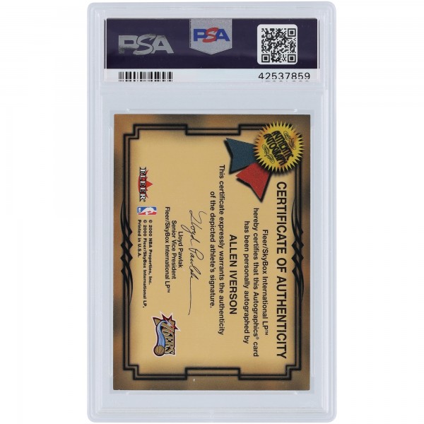Allen Iverson Philadelphia 76ers Autographed 2000 Fleer Autographics #NNO PSA Authenticated 7 Card