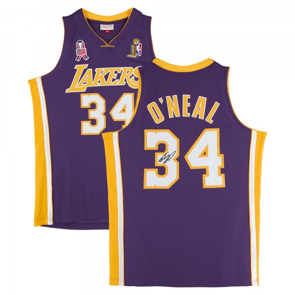 Игровая джерси Shaquille ONeal Los Angeles Lakers Autographed Fanatics Authentic Purple Mitchell & Ness 2001-02 Authentic with USA and Finals Patches