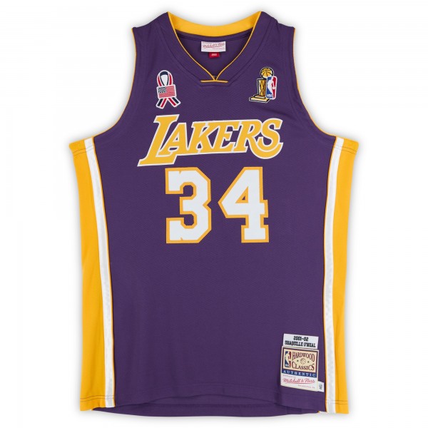 Игровая джерси Shaquille ONeal Los Angeles Lakers Autographed Fanatics Authentic Purple Mitchell & Ness 2001-02 Authentic with USA and Finals Patches