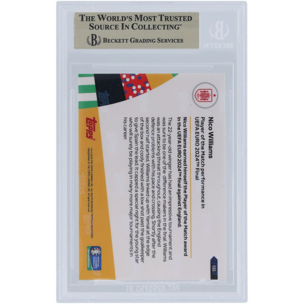 Карточка Nico Williams Spain National Team 2024 Topps Now of the Match UEFA Euro 2024 14.07.24 #60 BGS Authenticated 10 - 9.5,10,10,10 Subgrades