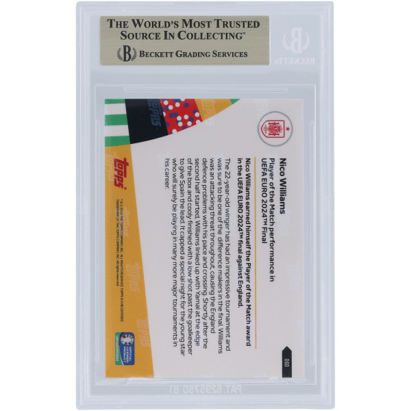 Карточка Nico Williams Spain National Team 2024 Topps Now of the Match UEFA Euro 2024 14.07.24 #60 BGS Authenticated 10 - 10,10,9.5,10 Subgrades