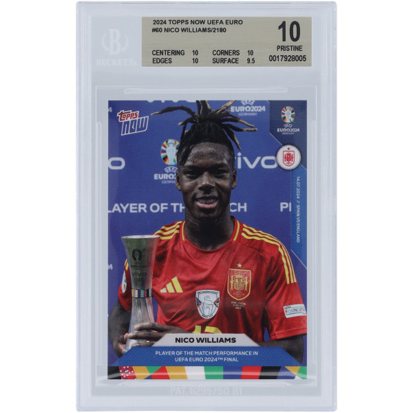 Карточка Nico Williams Spain National Team 2024 Topps Now of the Match UEFA Euro 2024 14.07.24 #60 BGS Authenticated 10 - 10,10,10,9.5 Subgrades