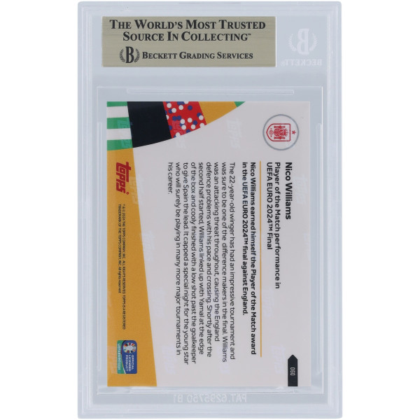 Карточка Nico Williams Spain National Team 2024 Topps Now of the Match UEFA Euro 2024 14.07.24 #60 BGS Authenticated 10 - 10,10,10,9.5 Subgrades