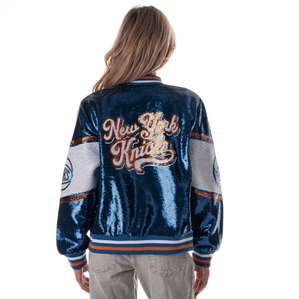 Unisex New York Knicks The Wild Collective Blue Sequin Bomber Full-Zip Jacket