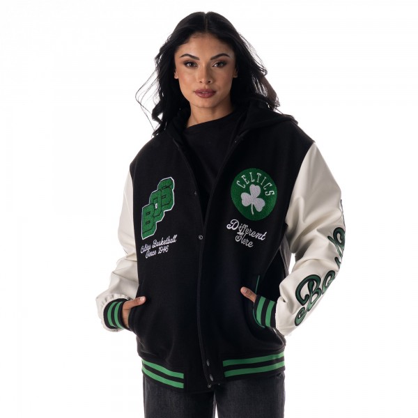 Unisex Boston Celtics The Wild Collective Black Full-Snap Hooded Wool Varsity Jacket