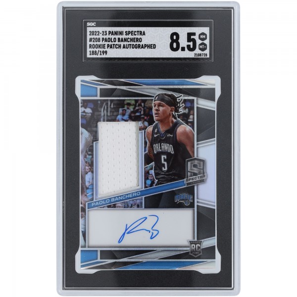 Paolo Banchero Orlando Magic Autographed 2022-23 Panini Spectra Rookie Patch Pinstripe 2 Color Relic #208 #188/199 SGC Authenticated 8.5 Rookie Card