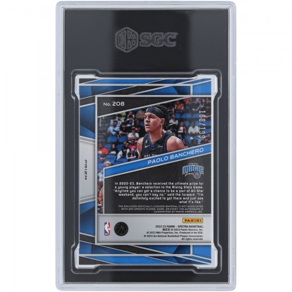Paolo Banchero Orlando Magic Autographed 2022-23 Panini Spectra Rookie Patch Pinstripe 2 Color Relic #208 #188/199 SGC Authenticated 8.5 Rookie Card