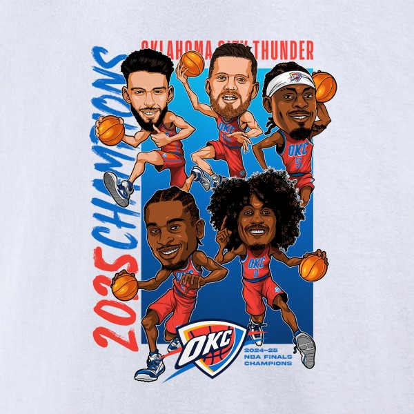 Футболка Oklahoma City Thunder Fanatics White 2025 NBA Finals Champions Caricature Full Court 