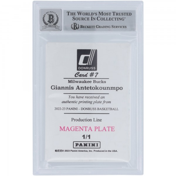 Giannis Antetokounmpo Milwaukee Bucks Autographed 2022-23 Donruss Production Line Magenta Printing Plate #7 #1/1 Beckett Fanatics Witnessed Authenticated 10 Card