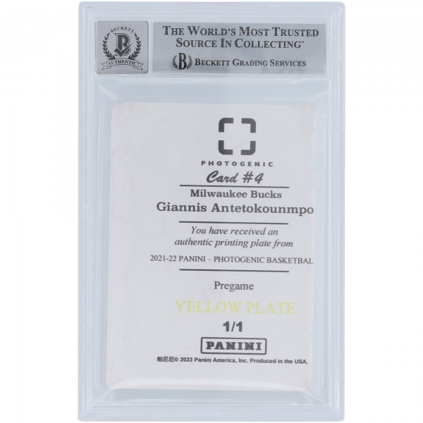 Giannis Antetokounmpo Milwaukee Bucks Autographed 2021-22 Panini Photogenic Yellow Printing Plate #4 #1/1 Beckett Fanatics Witnessed Authenticated 10 Card