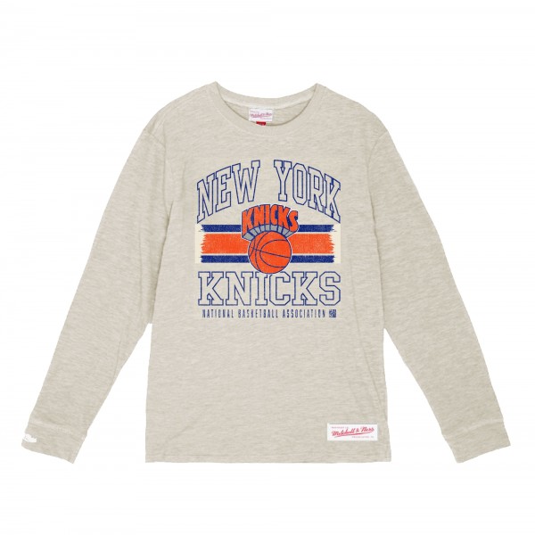 New York Knicks Mitchell & Ness Cream Striped Logo Lockup Premium T-Shirt