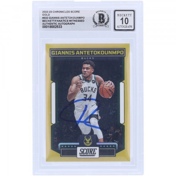 Giannis Antetokounmpo Milwaukee Bucks Autographed 2022-23 Panini Chronicles Score Gold #532 #1/10 Beckett Fanatics Witnessed Authenticated 10 Card